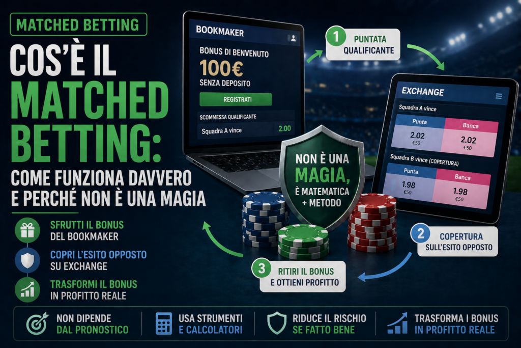 Nel matched betting non devi indovinare il risultato: copri gli esiti opposti per trasformare i bonus in profitto reale.