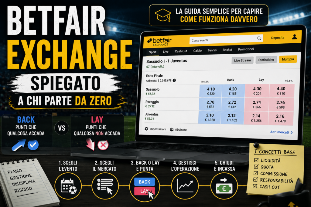 Betfair Exchange spiegato a chi parte da zero con schermata exchange, concetti di back e lay e guida base al trading sportivo
