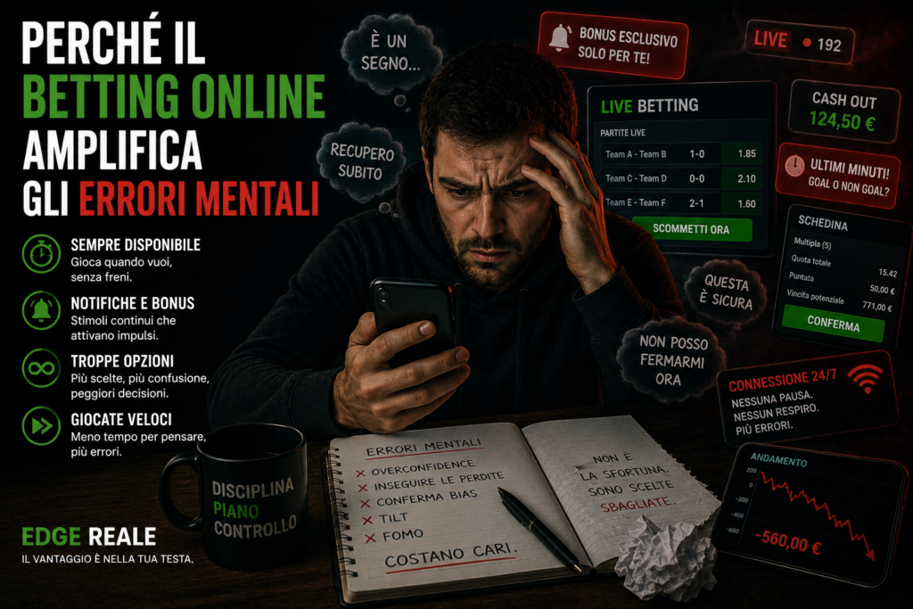 Scommettitore stressato davanti allo smartphone e a quote live mentre il betting online amplifica errori mentali e impulsività