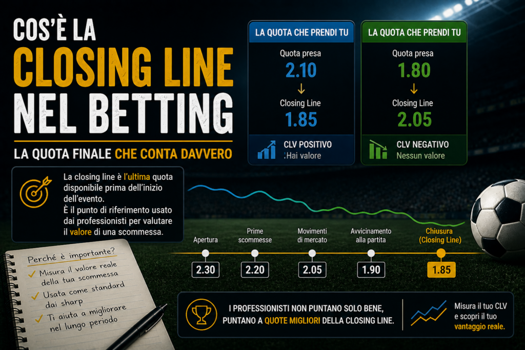 Infografica sulla closing line nel betting, con confronto tra quota presa, quota di chiusura, CLV positivo e valore reale della scommessa.