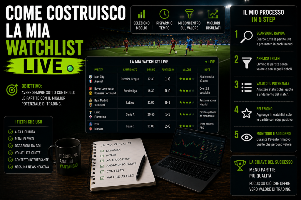 Trader sportivo organizza una watchlist di partite live monitorando campionati, quote, statistiche, xG e andamento del mercato su più schermi. L'immagine rappresenta il processo di selezione e filtraggio degli eventi più interessanti per individuare rapidamente le migliori opportunità di trading sportivo durante la giornata.