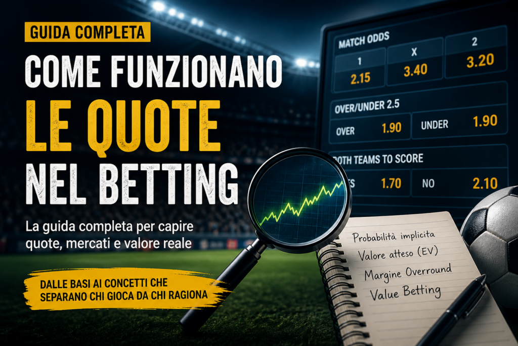 Immagine illustrativa su come funzionano le quote nel betting, con lavagna quote, probabilità implicita, valore atteso e analisi del mercato.