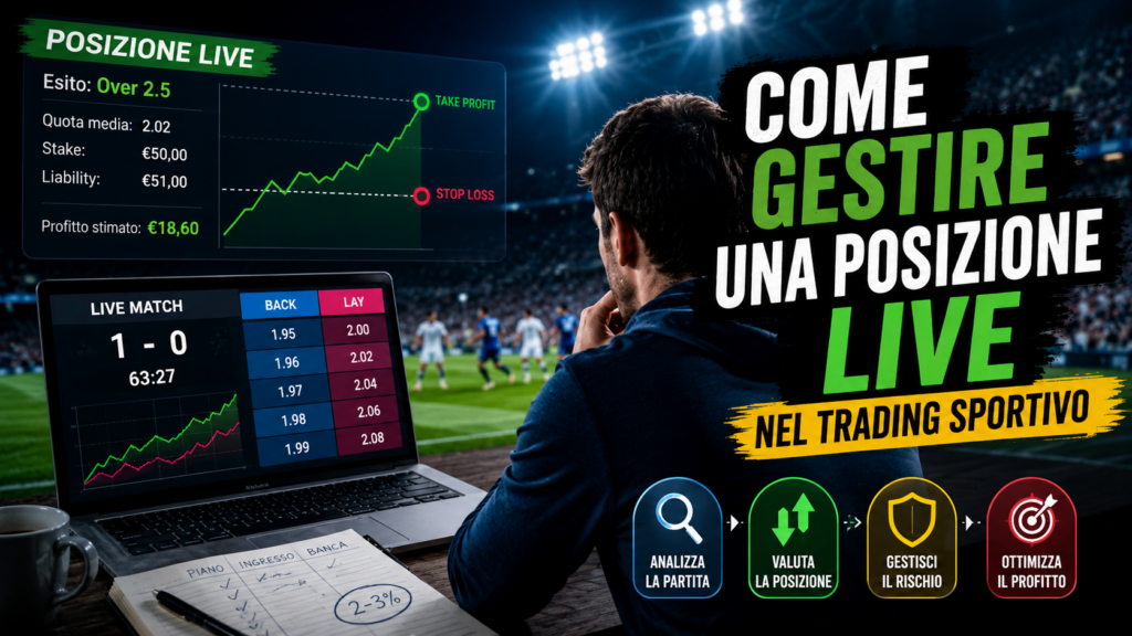 Trader sportivo che monitora una posizione live durante una partita di calcio con grafici delle quote, schermata Back e Lay, take profit e stop loss. Illustrazione della gestione del rischio e del profitto nel trading sportivo live.