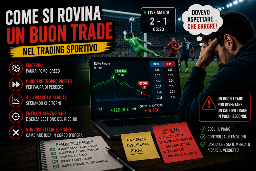 Trader sportivo osserva una posizione inizialmente profittevole che si trasforma in perdita a causa di decisioni impulsive durante una partita live. Sullo schermo sono visibili quote, grafici e movimenti di mercato che rappresentano gli errori più comuni che possono compromettere un buon trade nel trading sportivo.