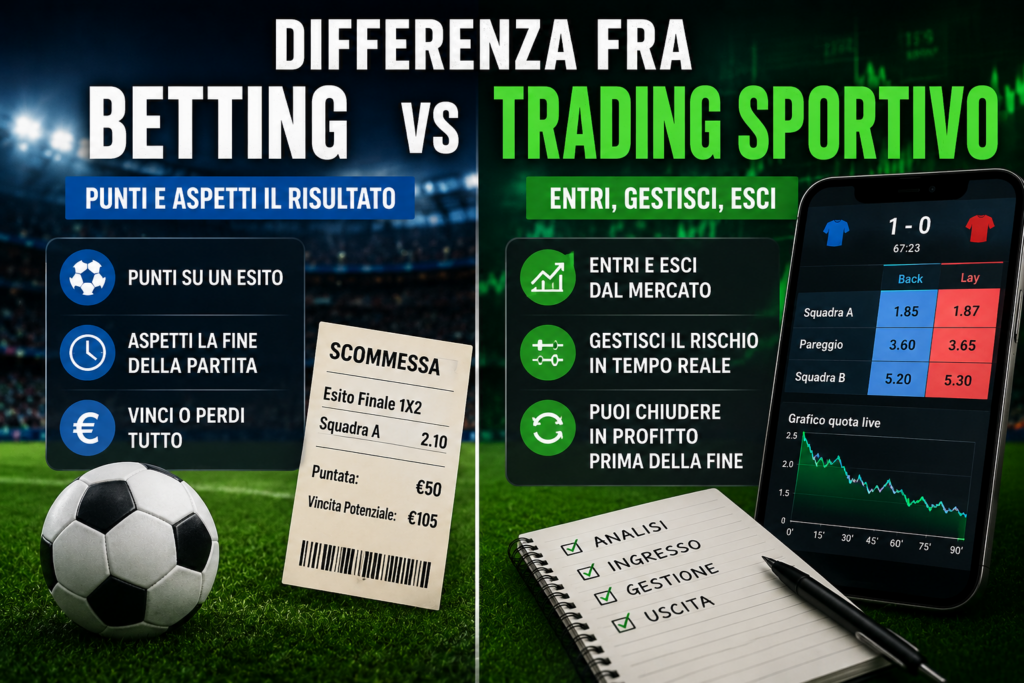 Differenza tra betting e trading sportivo con confronto grafico tra scommessa tradizionale e gestione live delle quote su exchange