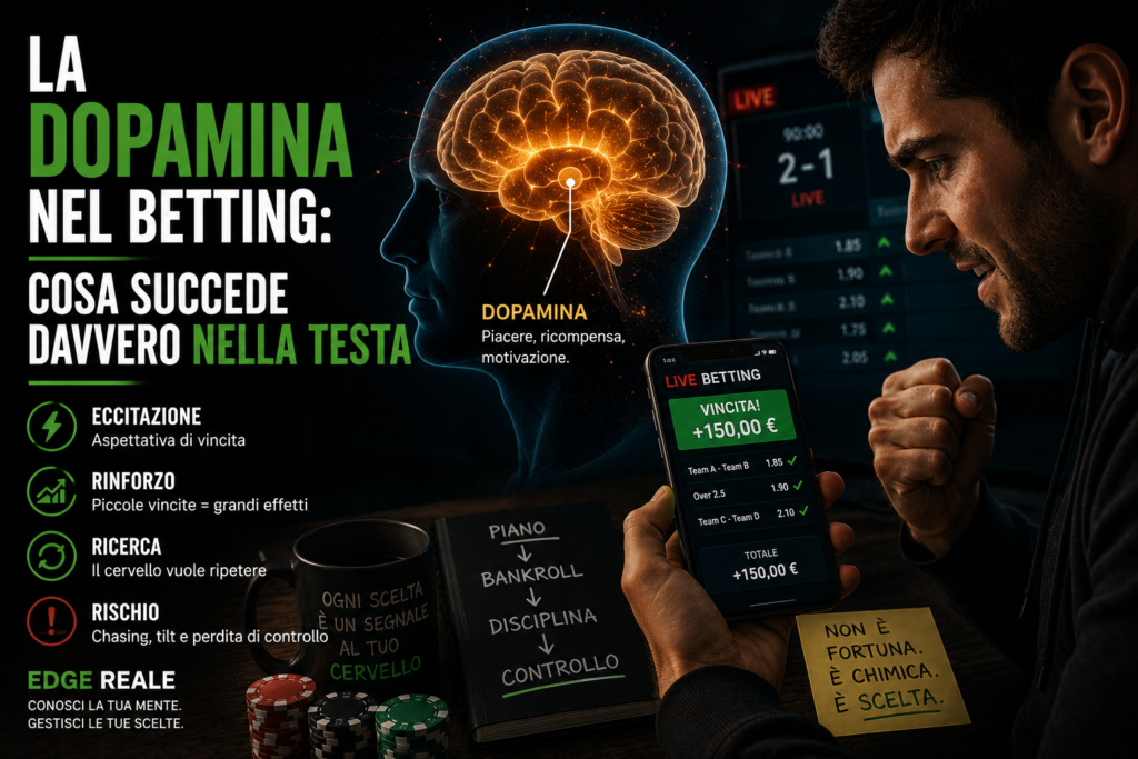 Illustrazione del cervello e di uno scommettitore davanti a quote live per spiegare il ruolo della dopamina nel betting