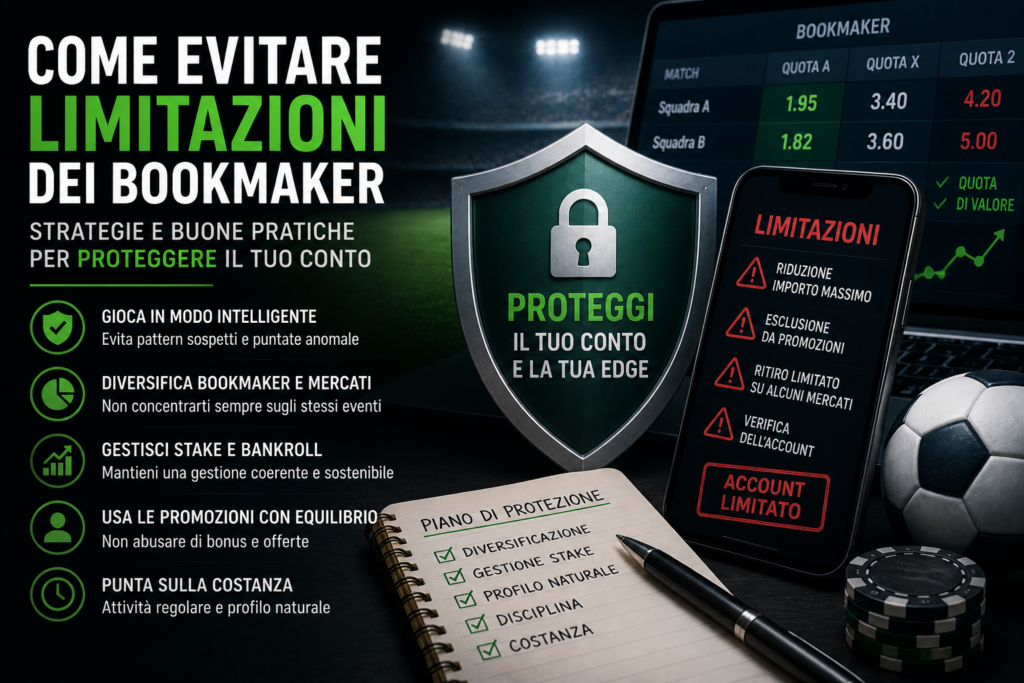 Illustrazione sulle limitazioni dei bookmaker con strategie per proteggere il conto e gestire il betting in modo intelligente.