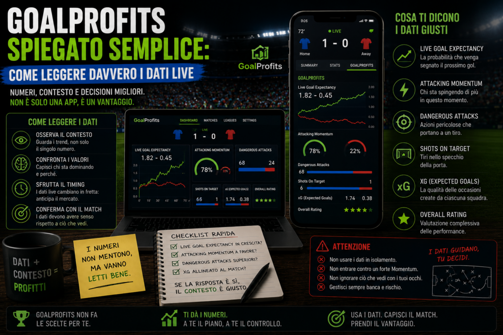 Trader sportivo che analizza una dashboard Goalprofits durante una partita di calcio live. Sullo schermo sono visibili statistiche in tempo reale come attacchi pericolosi, tiri in porta, possesso palla e pressione offensiva, utilizzate per interpretare correttamente il contesto della partita e prendere decisioni operative nel trading sportivo.