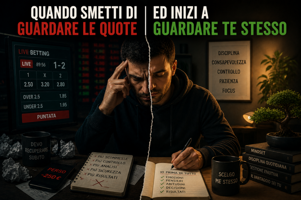 Scommettitore pensieroso davanti a quote e riflessi dello specchio mentre riflette sulla consapevolezza mentale nel betting