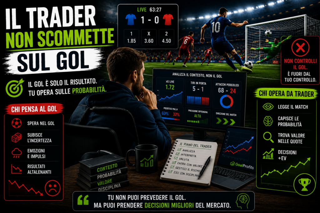 Trader sportivo che osserva quote, grafici e dinamiche di mercato durante una partita di calcio live. L'immagine evidenzia il concetto che il trader sportivo non punta semplicemente sul gol, ma cerca di sfruttare i movimenti delle quote e le inefficienze del mercato attraverso analisi, timing e gestione del rischio.