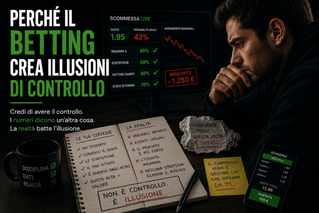 Scommettitore concentrato davanti a statistiche e quote live mentre riflette sulle illusioni di controllo nel betting sportivo