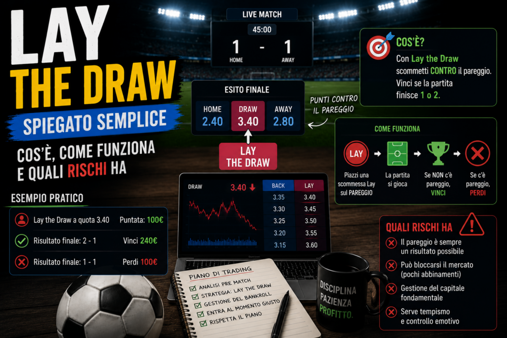 Infografica sul Lay the Draw nel trading sportivo con quote Home, Draw e Away, spiegazione del concetto di bancare il pareggio, esempio pratico di profitto e perdita e panoramica dei principali rischi della strategia durante una partita di calcio live.