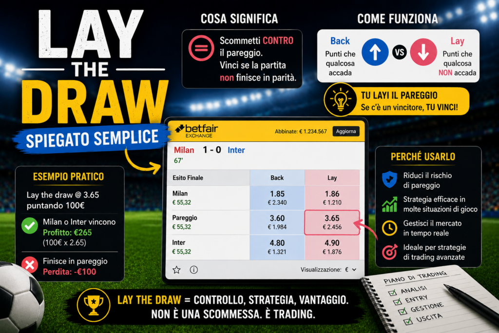 Lay the draw spiegato semplice con schermata Betfair Exchange, quota del pareggio in live e strategia di trading sportivo sul calcio