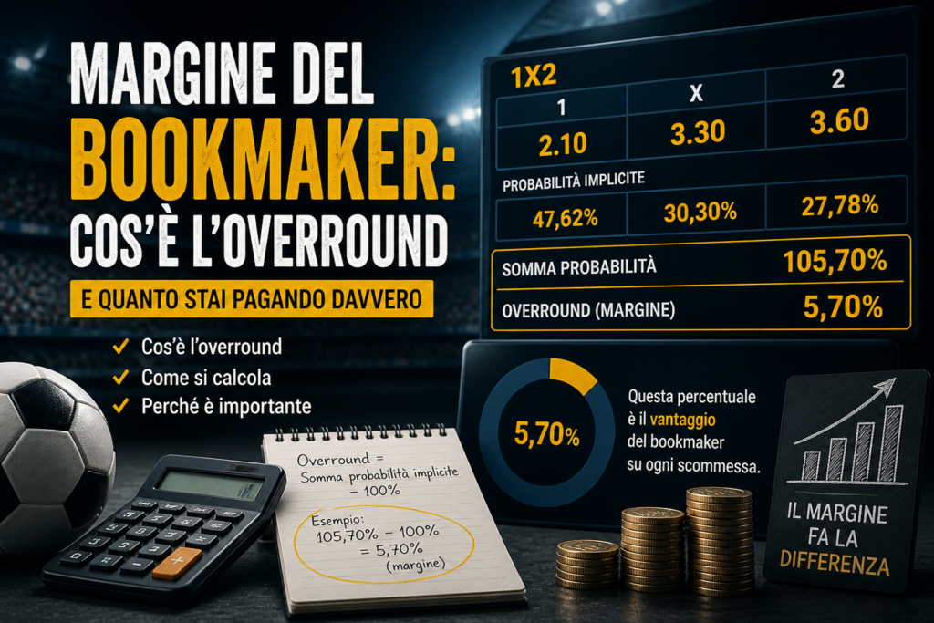 Infografica sul margine del bookmaker e overround nel betting, con esempio di probabilità implicite, quote 1X2 e calcolo del margine.