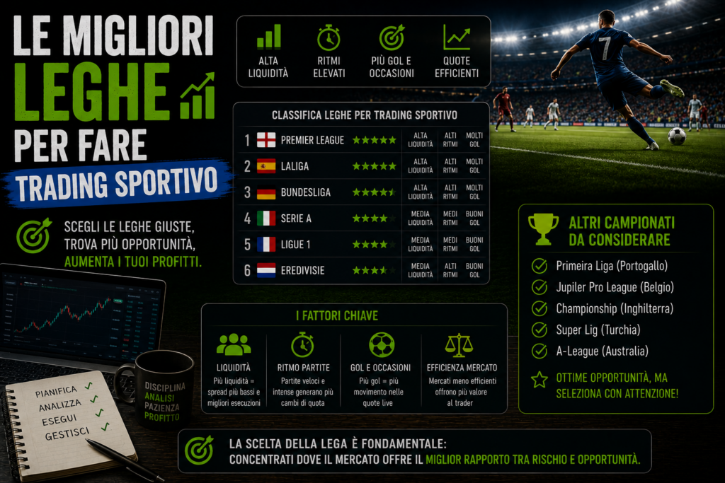 Trader sportivo analizza contemporaneamente diverse competizioni calcistiche su più schermi, con dati live, grafici delle quote e statistiche di mercato. L'immagine rappresenta il confronto tra le principali leghe per il trading sportivo, evidenziando fattori come liquidità, volatilità, numero di occasioni da gol e opportunità operative durante le partite live.
