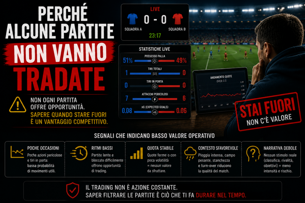 Trader sportivo osserva una partita live con poche occasioni da gol, ritmi bassi e statistiche poco significative. L'immagine rappresenta il concetto che non tutte le partite offrono opportunità di trading e che saper restare fuori dal mercato quando manca valore è una delle competenze più importanti del trader sportivo.