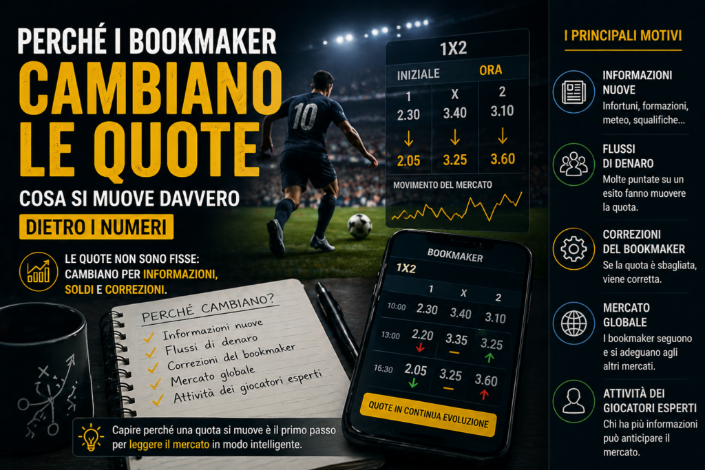 Infografica sui motivi per cui i bookmaker cambiano le quote, con movimenti di mercato, flussi di denaro, informazioni nuove e correzioni delle quote.