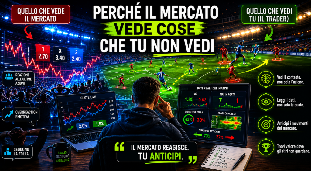 Trader sportivo analizza una partita live attraverso statistiche avanzate, andamento delle quote e contesto di gioco, mentre il mercato reagisce ai movimenti collettivi degli scommettitori. L'immagine rappresenta il concetto che il mercato incorpora informazioni, aspettative e probabilità che spesso non sono immediatamente visibili all'osservatore meno esperto.