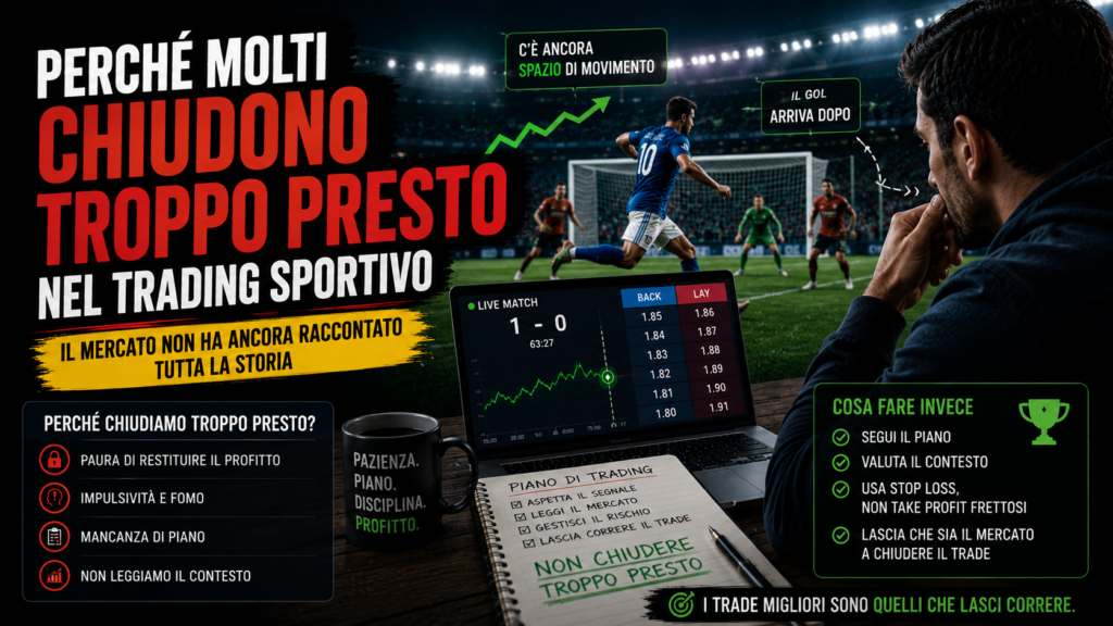 Trader sportivo osserva una posizione in profitto durante una partita live e valuta se chiuderla anticipatamente. Sullo schermo sono visibili quote, grafici e cash out, a rappresentare il conflitto tra paura di perdere il profitto e rispetto del piano di trading nel trading sportivo.