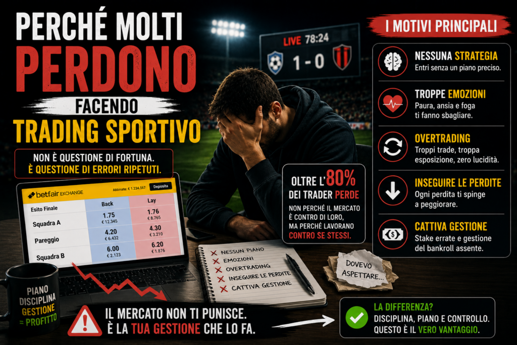 Perché molti perdono facendo trading sportivo con trader in difficoltà, quote exchange live e principali errori emotivi e strategici nel betting live