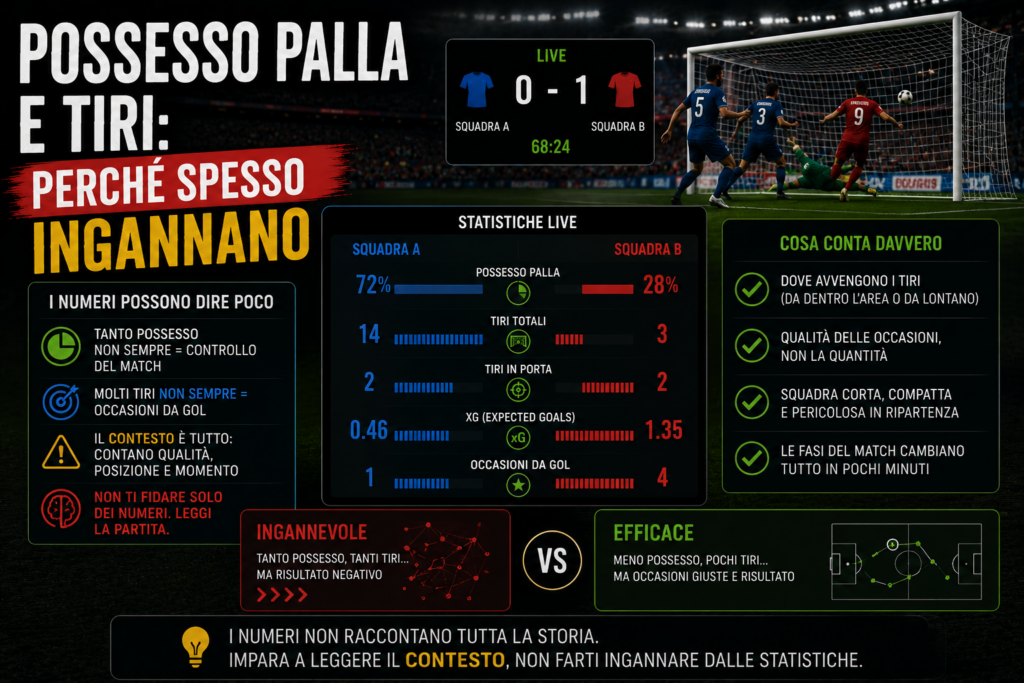 Dashboard di statistiche live di una partita di calcio che confronta possesso palla, tiri, tiri in porta e xG tra due squadre. L'immagine evidenzia come i numeri grezzi possano essere fuorvianti nel trading sportivo e come sia necessario interpretare il contesto, la qualità delle occasioni e l'andamento reale della partita.