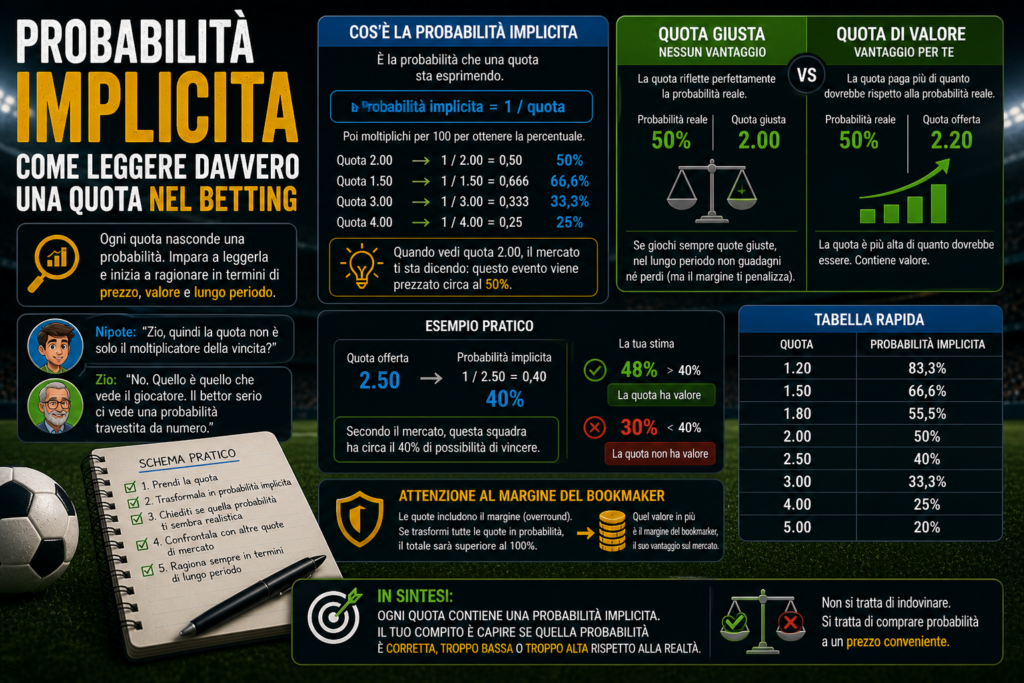 Infografica sulla probabilità implicita nel betting, con formula 1/quota, esempi pratici, tabella quote e confronto tra probabilità reale e valore.