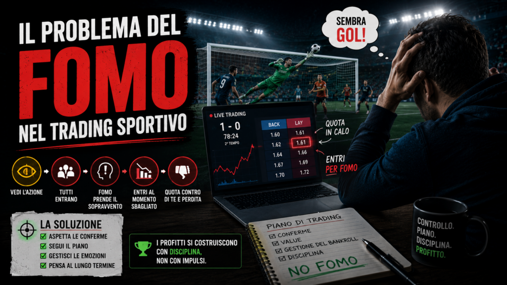 Trader sportivo sotto pressione osserva una partita live e le quote in movimento mentre valuta un ingresso impulsivo sul mercato. L'immagine rappresenta il fenomeno del FOMO nel trading sportivo, ovvero la paura di perdere un'opportunità che porta a decisioni emotive e poco disciplinate.