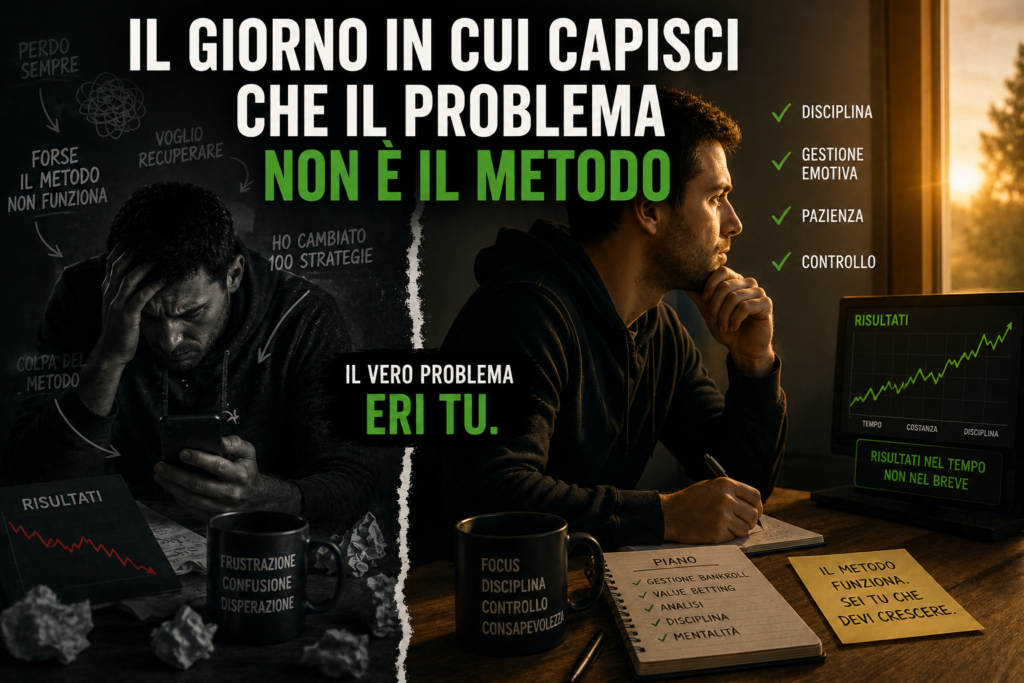 Scommettitore riflessivo davanti a quote e appunti mentre capisce che nel betting il problema non è solo il metodo ma la gestione mentale
