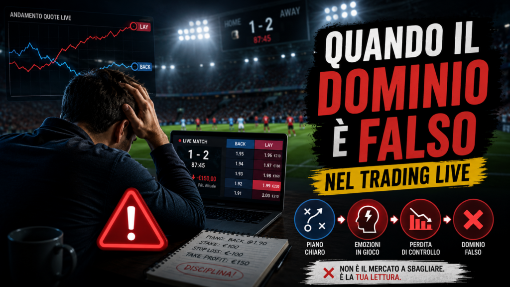 Trader sportivo in difficoltà durante una partita live mentre osserva quote e grafici in movimento. L'immagine rappresenta il falso dominio nel trading sportivo, quando una squadra sembra controllare il gioco ma il mercato e gli eventi suggeriscono una realtà diversa.