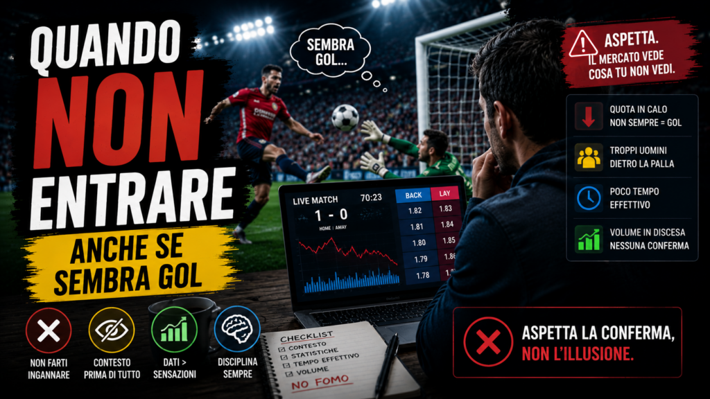 Trader sportivo osserva un'azione pericolosa davanti alla porta durante una partita live mentre analizza quote e statistiche sul laptop. L'immagine rappresenta l'importanza di non entrare sul mercato solo per sensazioni o FOMO, ma di attendere conferme oggettive nel trading sportivo.