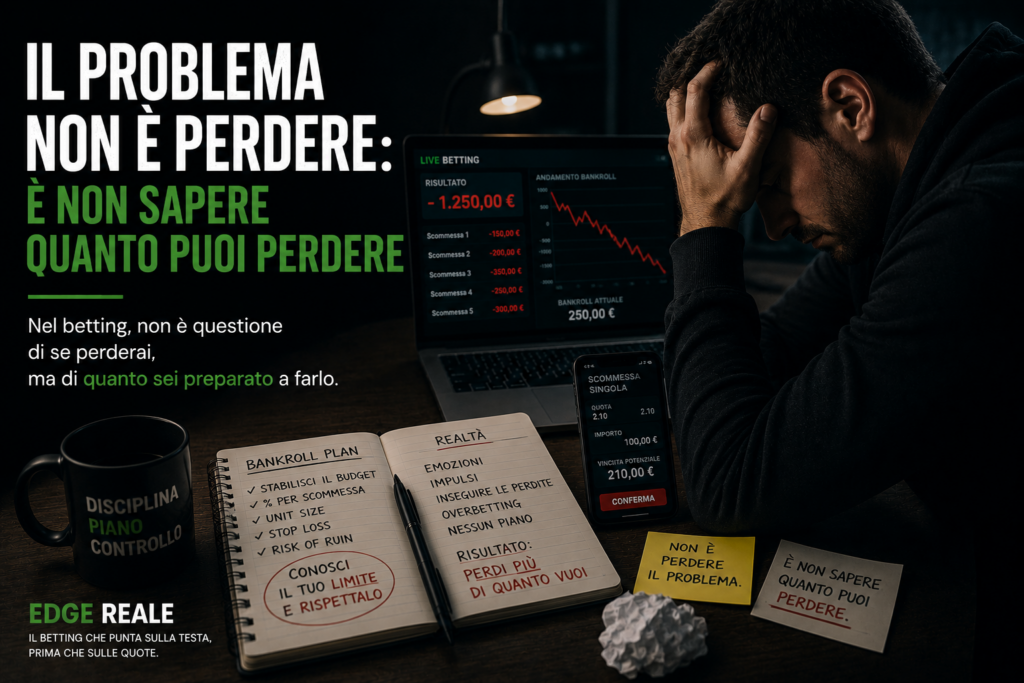 Scommettitore preoccupato davanti a perdite e grafici del bankroll mentre riflette sulla gestione del rischio nel betting