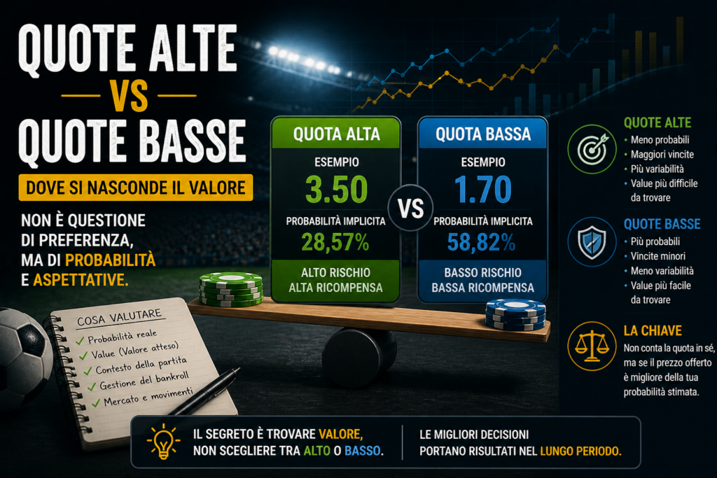 Infografica sul confronto tra quote alte e quote basse nel betting, con probabilità implicita, rischio, ricompensa e ricerca del valore reale.