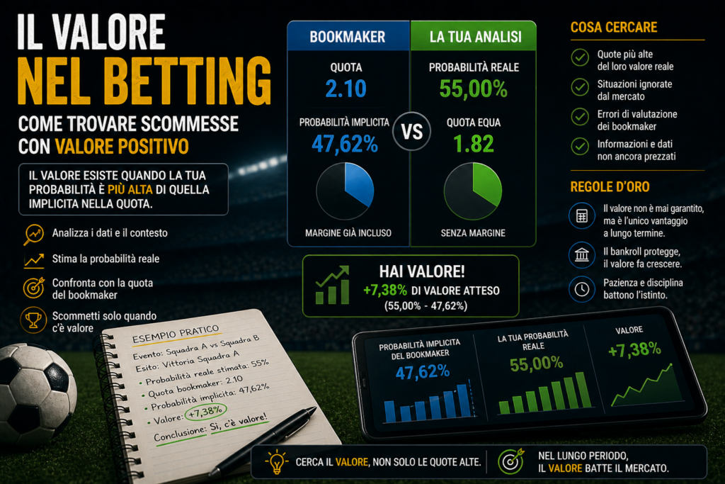 Infografica sulle quote sharp e soft nel betting, con confronto tra bookmaker, probabilità reale, valore positivo e analisi del mercato.