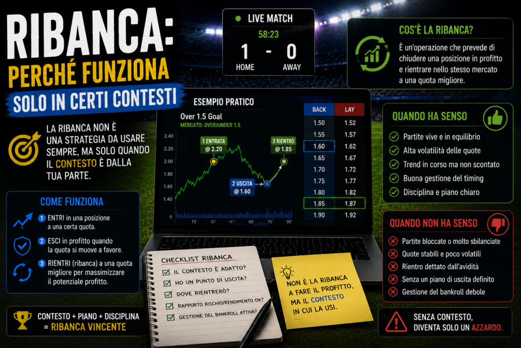 Infografica dedicata alla strategia Ribanca nel trading sportivo con esempio di uscita e rientro sullo stesso mercato a quote differenti. L'immagine mostra le condizioni in cui la Ribanca può essere efficace, i principali rischi operativi e l'importanza di contesto, timing e gestione del bankroll.