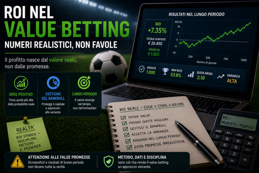 Illustrazione del ROI nel value betting con grafici di rendimento, gestione del bankroll e crescita nel lungo periodo nel betting sportivo.