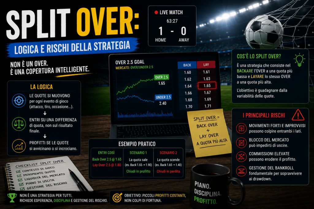 Infografica dedicata alla strategia Split Over nel trading sportivo con schermata delle quote Over/Under, esempi pratici di ingresso e uscita, spiegazione della logica operativa e riepilogo dei principali rischi legati alla volatilità delle quote e alla gestione del bankroll.