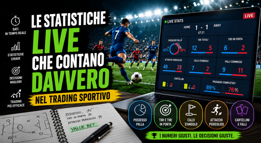 Dashboard con statistiche live di una partita di calcio che mostra possesso palla, tiri, tiri in porta, attacchi pericolosi e calci d'angolo. Un trader sportivo analizza i dati in tempo reale per prendere decisioni operative nel trading sportivo live.