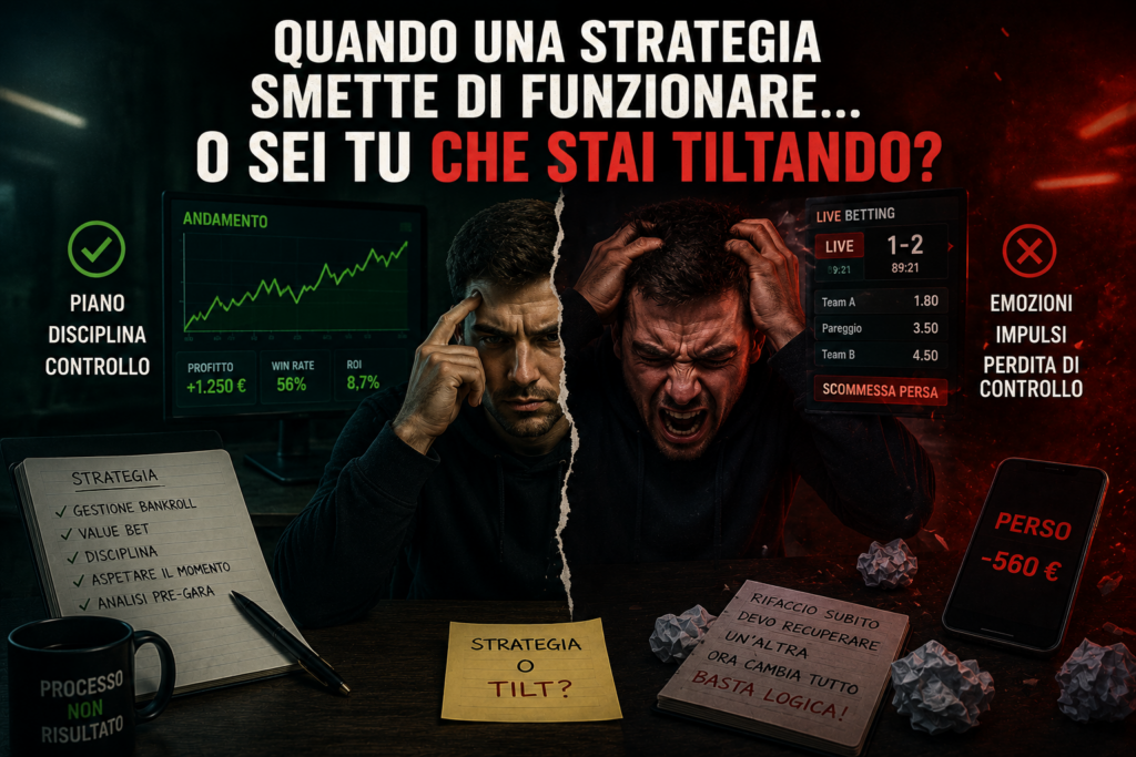 Scommettitore diviso tra disciplina e tilt mentre analizza se il problema nel betting sia la strategia o la gestione emotiva