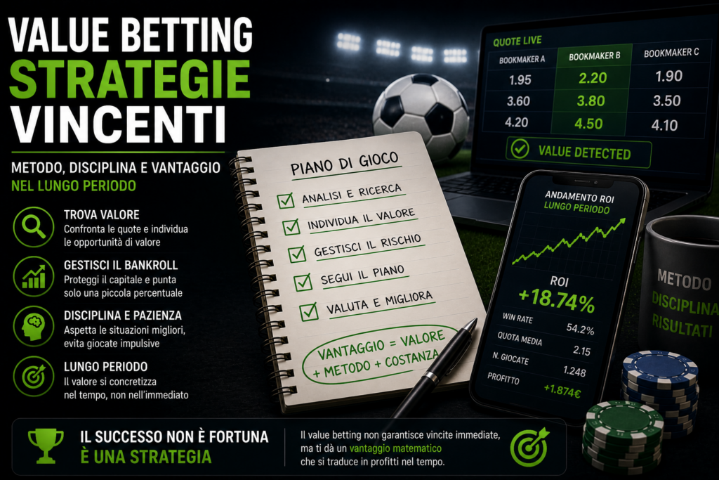 Illustrazione sulle strategie di value betting con analisi quote, gestione del bankroll e crescita dei risultati nel lungo periodo.