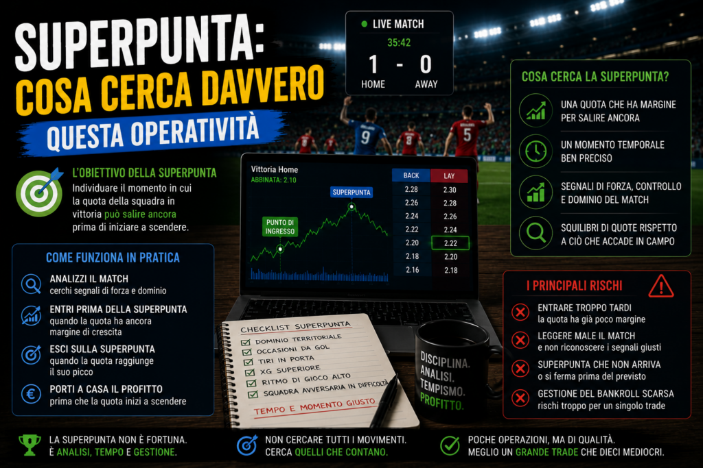 Infografica dedicata alla strategia SuperPunta nel trading sportivo con analisi delle quote live, punti di ingresso e uscita dal mercato, segnali di dominio della squadra e panoramica dei principali rischi. L'immagine mostra come individuare il momento ideale per sfruttare un movimento favorevole delle quote.