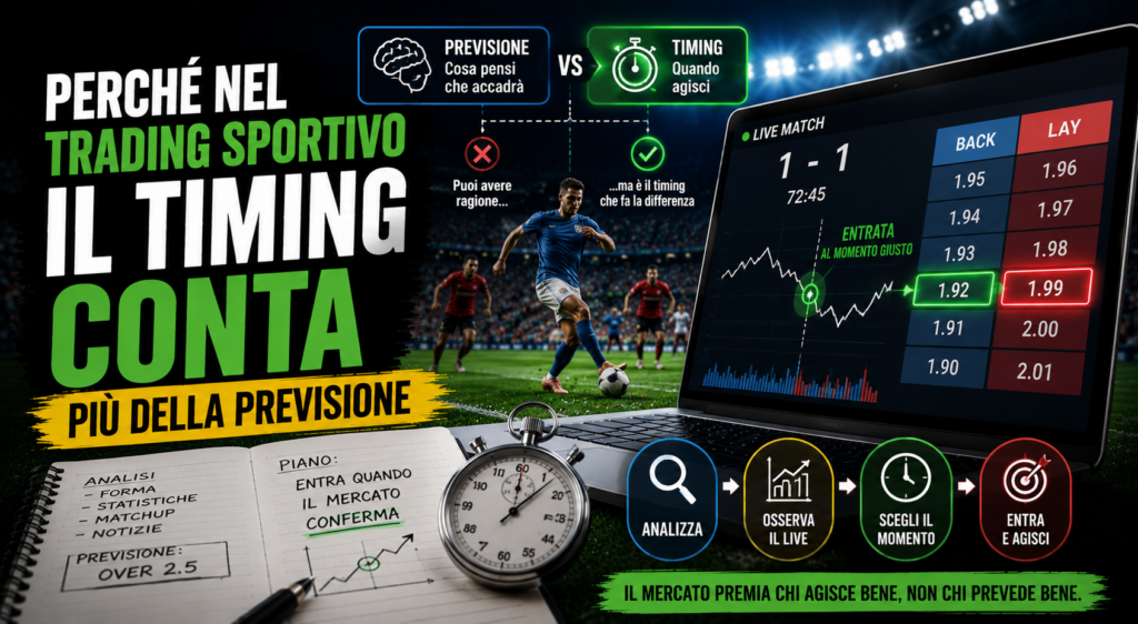 Trader sportivo che analizza una partita live confrontando previsione e timing di ingresso sul mercato. Sullo schermo sono visibili quote Back e Lay, grafici delle quote e un cronometro che evidenzia l'importanza del momento di entrata nel trading sportivo.