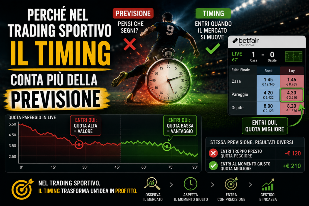 Timing nel trading sportivo con quote live, grafici exchange e confronto tra ingresso corretto e previsione sbagliata nel betting live