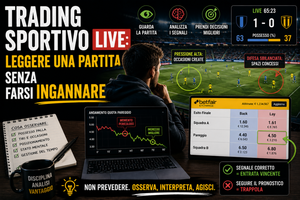 Trading sportivo live con lettura della partita, statistiche in tempo reale, quote exchange e analisi del mercato senza farsi ingannare dalle emozioni