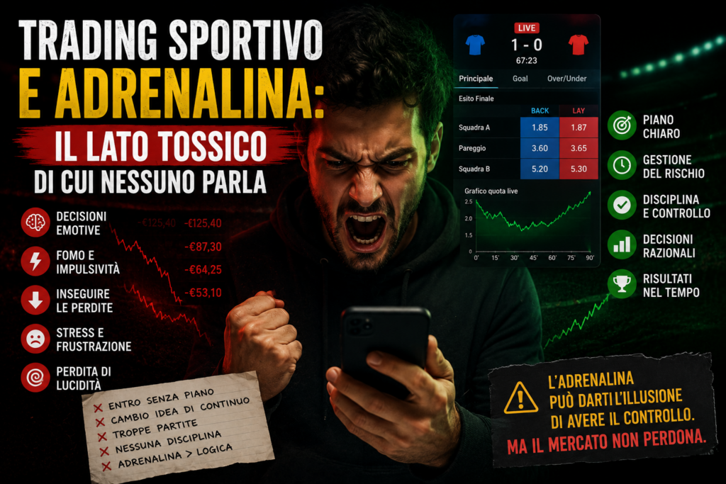 Trading sportivo e adrenalina con trader emotivo davanti a quote live, grafici in perdita e confronto tra disciplina e impulso nel betting exchange