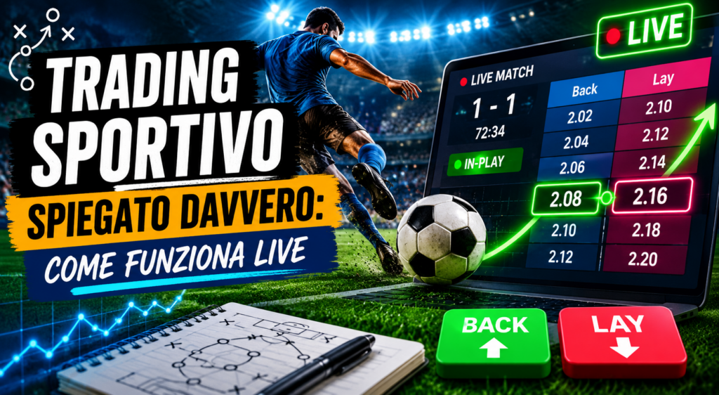 Trader sportivo che analizza quote live durante una partita di calcio con schermata exchange, pulsanti Back e Lay e grafici delle quote in tempo reale. Illustrazione del funzionamento del trading sportivo live.