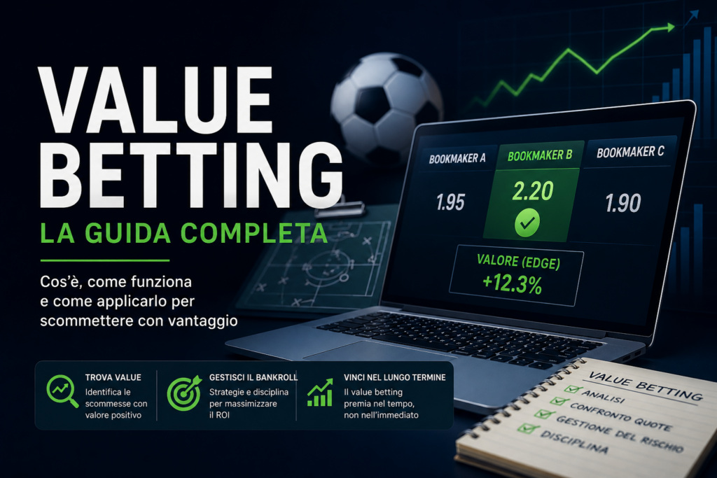 Illustrazione sul value betting con confronto quote bookmaker, analisi del valore e grafici di crescita nel betting sportivo.