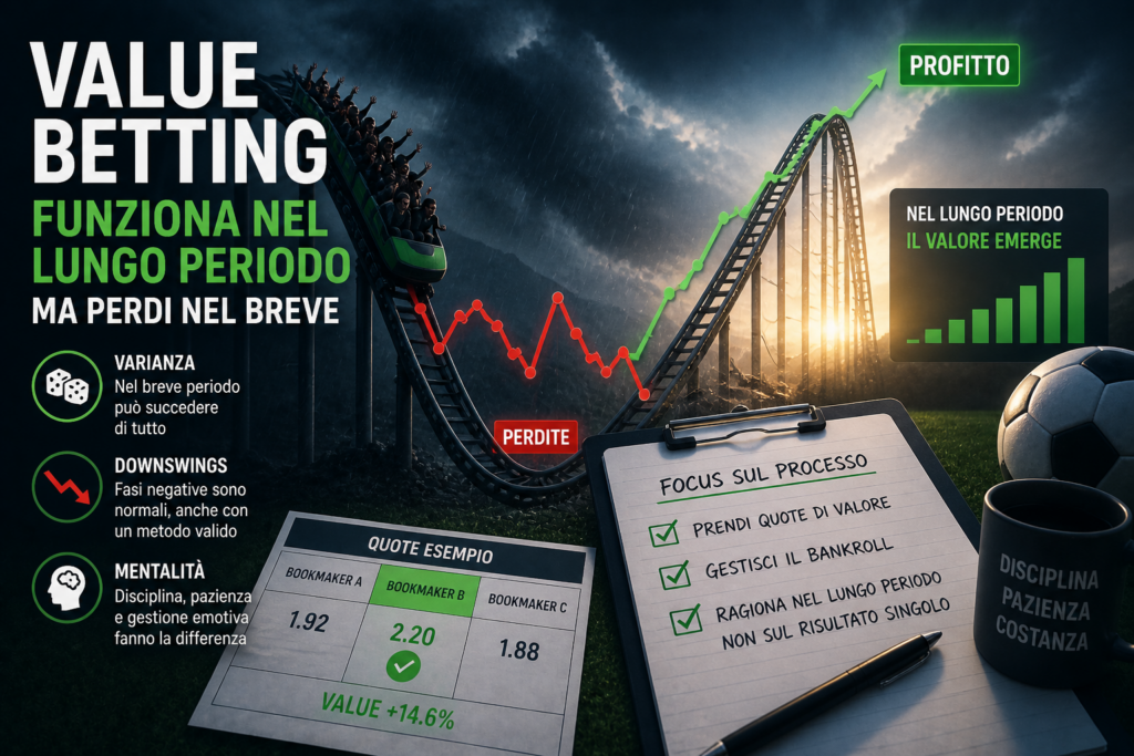 Illustrazione del value betting con andamento altalenante delle quote, varianza e crescita nel lungo periodo nel betting sportivo.