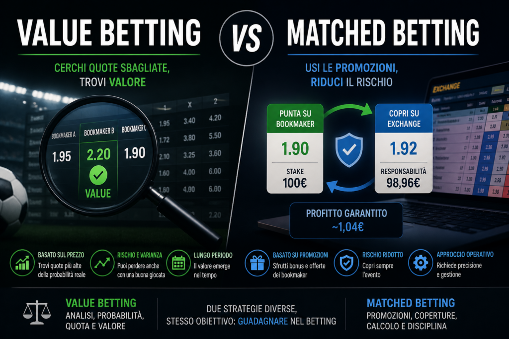 Confronto tra value betting e matched betting con differenze tra quote di valore e utilizzo delle promozioni nei bookmaker.