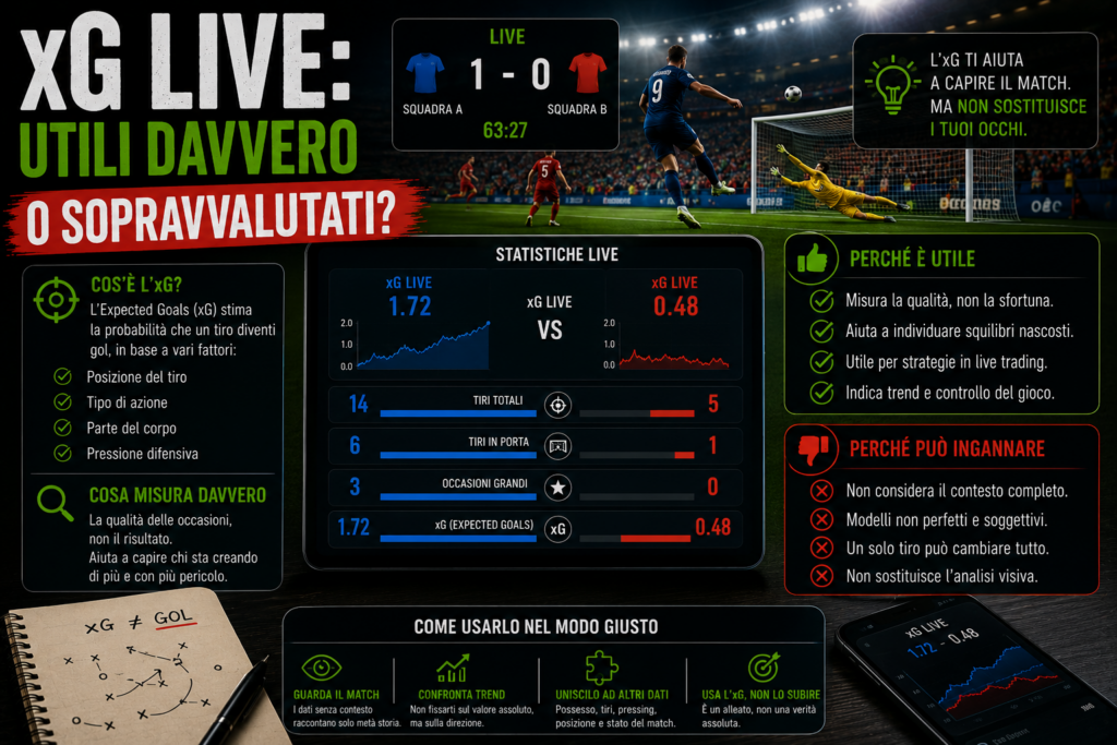Dashboard di statistiche xG live durante una partita di calcio con confronto tra expected goals, tiri, occasioni create e andamento del match. L'immagine rappresenta il dibattito sull'utilità degli xG nel trading sportivo, evidenziando sia i vantaggi dell'indicatore sia i limiti quando viene utilizzato senza considerare il contesto della partita.